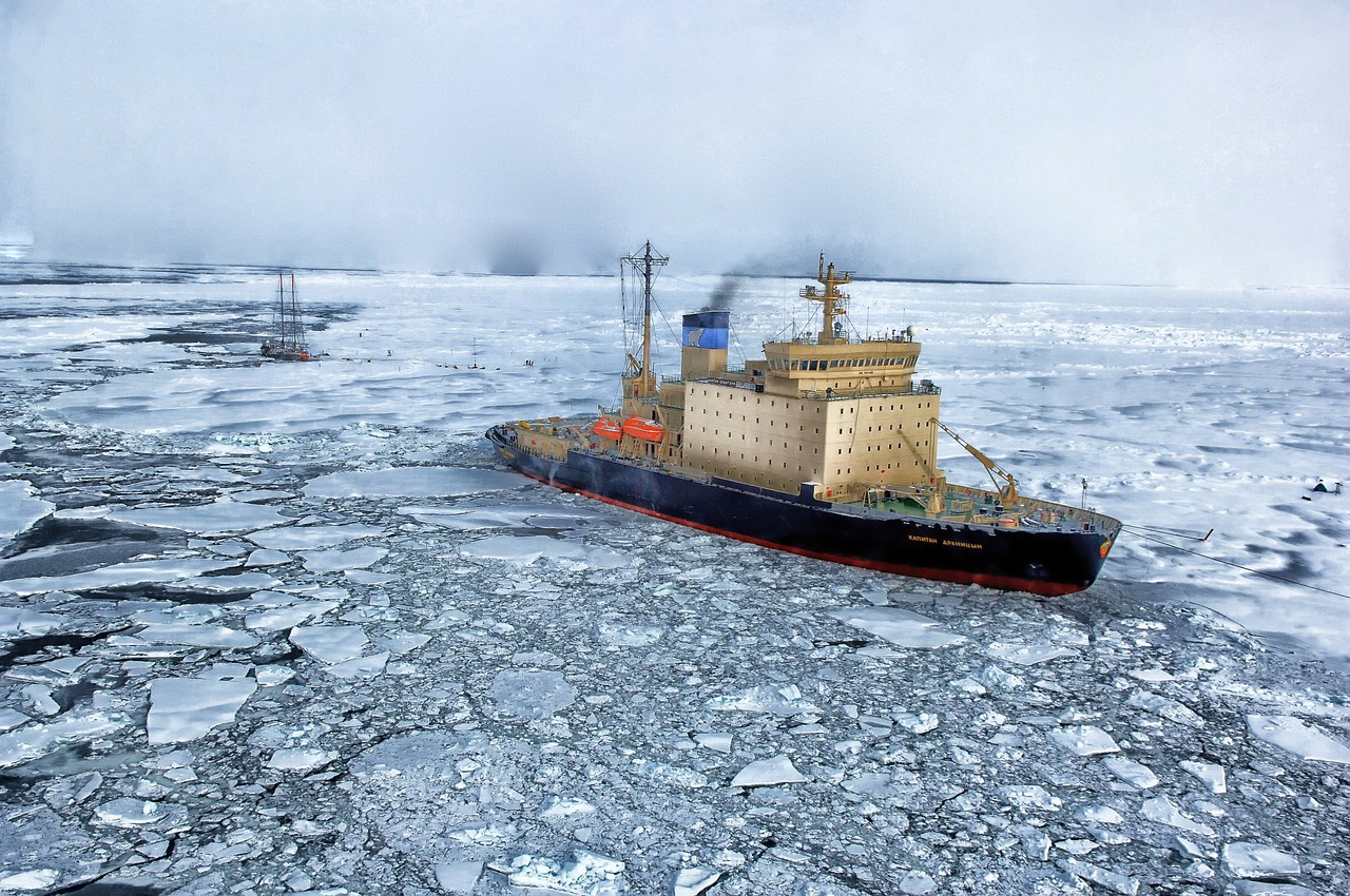 Ship in ice in the Arctic